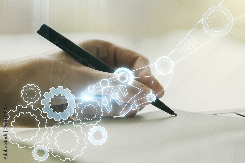 Aufkleber creative concept of robotics technology and man hand writing in notebook on background. robot develo