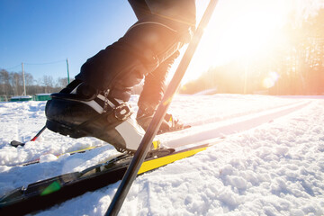 Fototapeta Cross country skiing, winter sport on snowy track, sunset sun light background Banner obraz