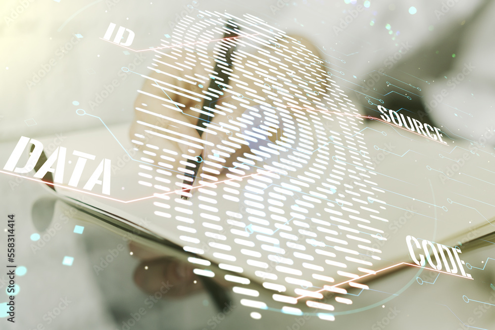 Poster multi exposure of creative fingerprint hologram with man hand writing in notebook on background, per