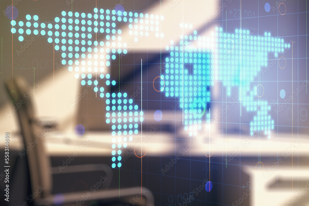 Poster multi exposure of abstract creative digital world map and modern desktop with computer on background
