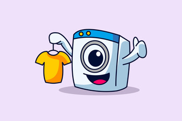 cute laundry washing machine mascot who is washing and delivering feed happily