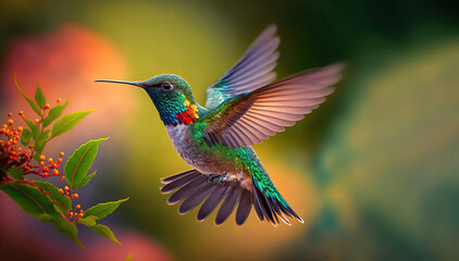 beautiful vibrant colored humming birds flying and aiming on a flower nectar - obrazy, fototapety, plakaty