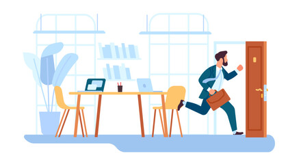Employee runs away from office. Fast worker running . Man leaving workplace. Work day finish. Escape of job. Businessman rushing to door. Male in formal suit with briefcase. Vector concept