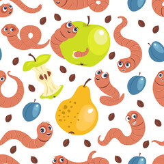 Funny soil worms seamless pattern. Cute cartoon characters with fruits. Garden dwellers. Waste eaters. Earthworms with plums. Apple seeds. Crawling insects. Splendid vector background