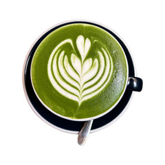 Top view of a  cup of hot matcha green tea latte art isolated on transparent background, PNG file. Flat lay.
