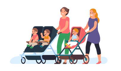 Group of moms with babies in strollers. Happy people walking outdoor with little children. Women pushing prams. Toddlers in buggies. Friends meeting in park. Vector motherhood concept