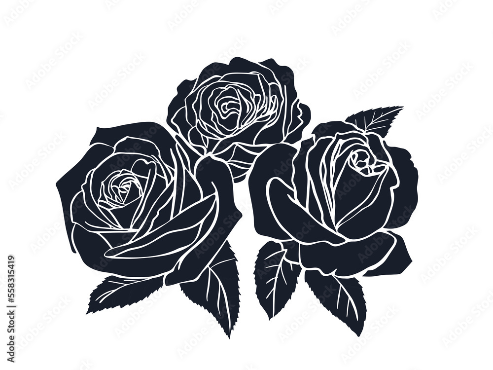 Canvas Prints black silhouette of rose isolated on white background. rose bouquet stencil. vector illustration.