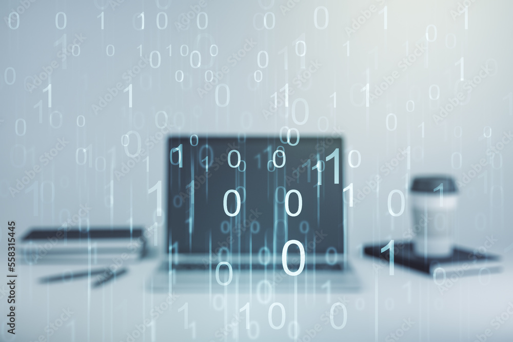 Aufkleber creative abstract binary code hologram on modern computer background, ai and machine learning concep