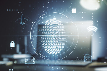 Double exposure of abstract creative fingerprint hologram on laptop background, research and development concept