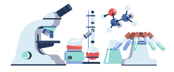 Laboratory equipment. Scientific research concept. Lab glassware and microscope. Chemistry experiment. Medical analysis. Chemical beaker and flask with liquid. Vector test tubes set