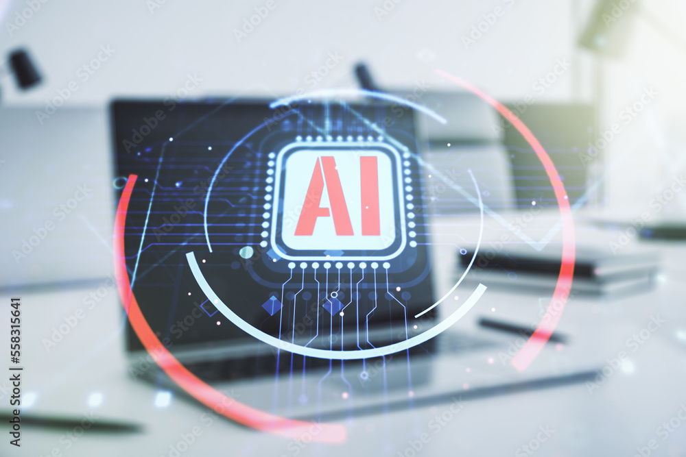 Poster double exposure of creative artificial intelligence abbreviation with computer on background. future