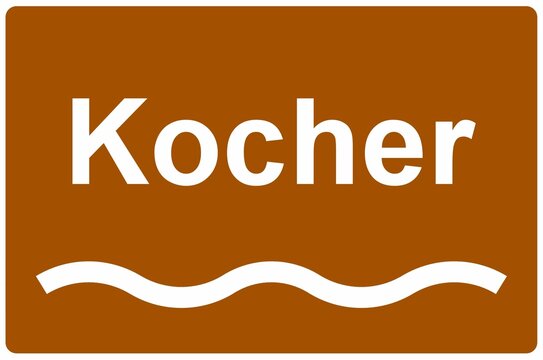 Illustration eines Flussnamenschildes des Flusses "Kocher"	