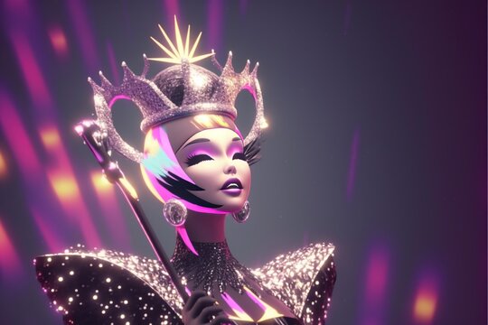 Illustration Of Anime Drag Queen With Crown And Scepter, Winner Of Drag Race, Female Impersonator, Performance Artist, Created With Generative Ai