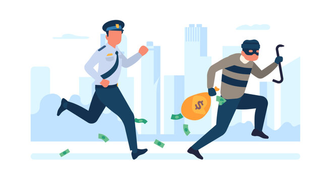 Policeman in pursuit of robber. Thief with money bag running away from police officer. Burglar steals cash. Bandit robbed bank. Criminal robbery. Chase for gangster. Vector concept