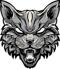 Angry cat isolated illustration image. Hand drawn face of wildcat. Tattoo and mascot art.