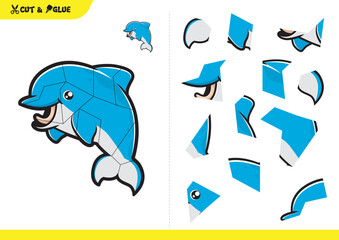 Cut and glue dolphin jigsaw puzzle childern educational game.