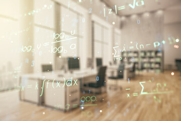 Double exposure of scientific formula hologram on modern corporate office background, research and development concept