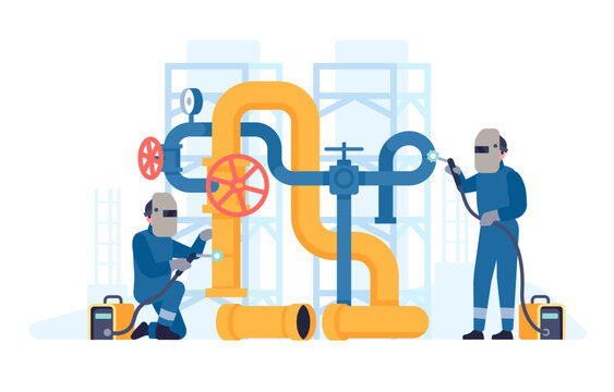 Welders weld pipes. Man welding pipeline. Workers with metalworking equipment. Workman in uniform. Industrial construction. People repair piping and fixing maintenances. Vector concept