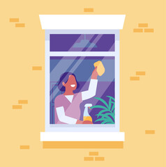 Woman in window. Housewife washing house windowsill. Home cleanup. Maid cleaning glass with detergent. Housekeeper wiping with duster. Household activity. Building facade. Vector concept