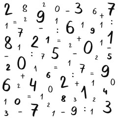 Math pattern. Abstract number fonts. School book alphabet. Education poster. Mathematical wallpaper. Addition or subtraction sign. Arithmetic symbols. Vector seamless nowaday background