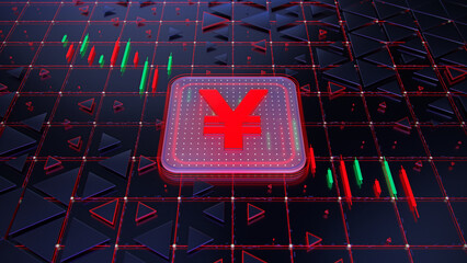 Currency exchange rate, yen or yuan index investors in the stock market Forex on the candlestick chart trading background. Global finance. Concept 3D illustration.