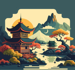 Flat colored design of Chinese pagoda