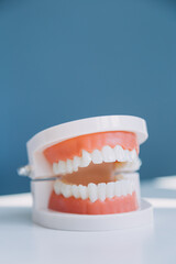 Stomatology concept, partial portrait of girl with strong white teeth looking at camera and smiling, fingers near face. Closeup of young woman at dentist's, studio, indoors