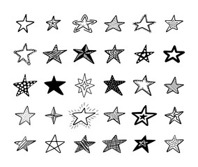 Hand drawn sketch doodle stars set. Grunge paint brush scribble icons, vintage handmade lines, cute black decorative objects. Christmas twinkle lights. Vector stroke utter isolated elements