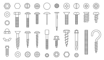 Fototapeta Screw line icons. Nut nail and bolt. Fixation iron river, metal hardware, hook and drill, outline black instruments. Isolated elements for construction. industry vector utter symbols set obraz