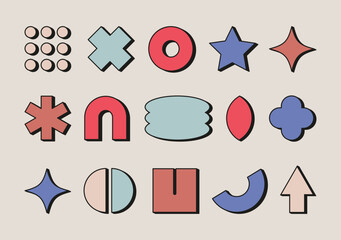 Brutalism forms, minimalist geometric elements, abstract bauhaus shapes. Trendy y2k basic figures, stars, lines and circles, modern graphic design elements in retro style.