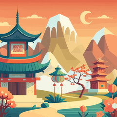 Flat colored design of Chinese pagoda