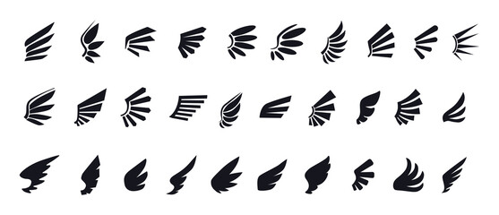 Black wings. Eagle bird feather silhouette, angel logo. Freedom emblem or label, retro design, Geometric sign isolated elements, creative badge or logotype. Vector icon recent symbols set