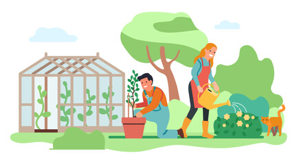 Obraz na płótnie Canvas Young couple working in garden. Woman watering flowers. Man planting seedlings. Happy gardeners. People growing plants in greenhouse. Agriculture workers. Gardening persons. Vector concept