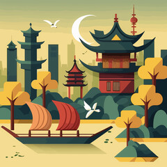 Flat colored design of Chinese pagoda background cartoon