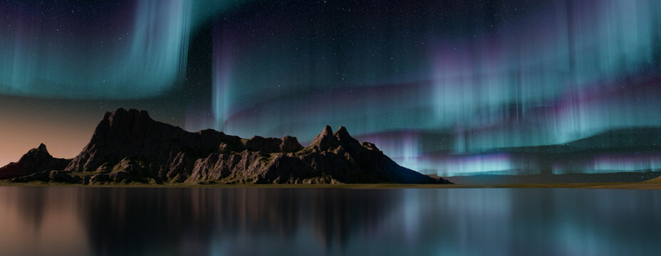 Rugged Terrain with Aurora Borealis. Green Sky Banner with copy-space.