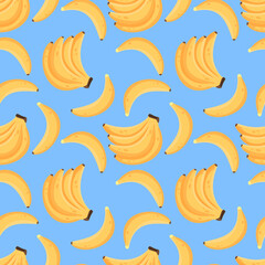 Banana wallpaper, cute doodles pattern. Funky repeat of fruit, fun bright pop tropical summer food. cartoon minimalistic isolated blue background. Decor textile. Vector seamless garish texture