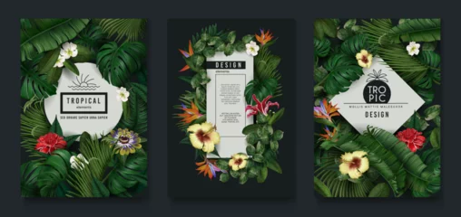Foto op Plexiglas Tropic leaf banner, green jungle plants and exotic flowers. Nature frame with banana and monstera foliage, forest coconut palm, posters with realistic elements. Vector exact flyer design © Natalia