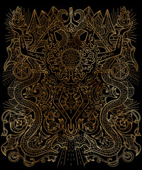 Mystic textured illustration with occult, esoteric and gothic symbols, snake and pentagram, against black background