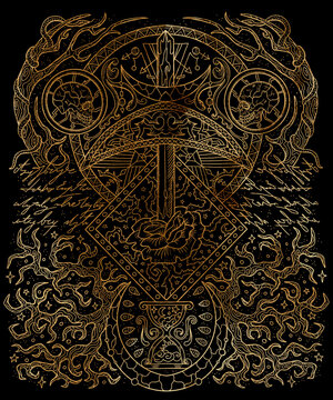 Mystic illustration with spiritual handwritten letters, occult, esoteric and gothic symbols against black background, Halloween concept