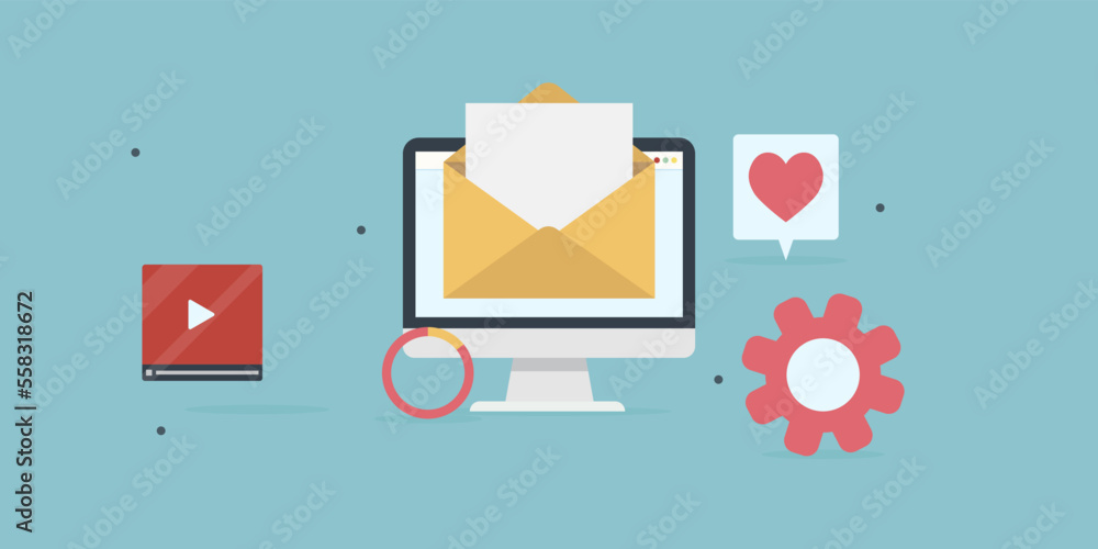 Poster Message notification in computer monitor. Open envelope mail in screen