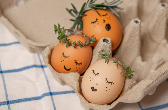 Easter eggs with cute face in green plant wreath. Sleepy easter egg - Home crafts happy haster concept.