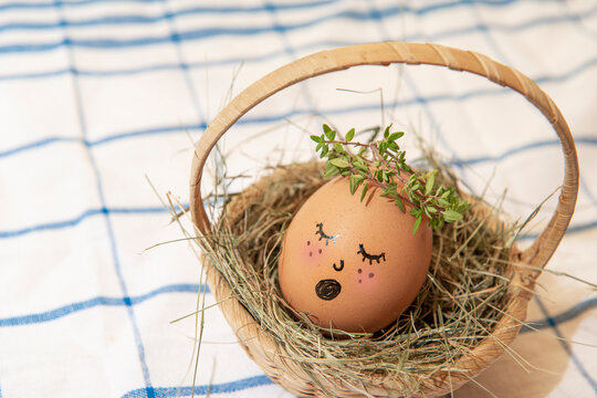 Easter egg with cute face in green plant wreath. Sleepy easter egg - Home crafts happy haster concept.