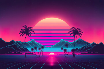 80s synthwave styled landscape with mountains and sunset