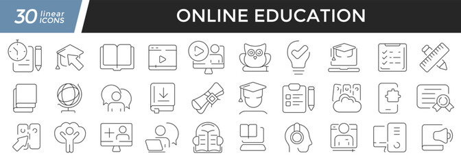 Fototapeta na wymiar Online education linear icons set. Collection of 30 icons in black