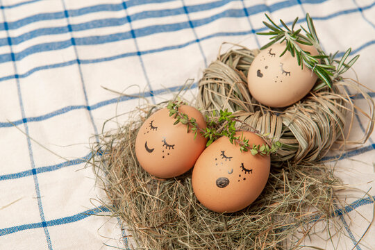 Easter egg with cute face in green plant wreath. Sleepy easter egg - Home crafts happy haster concept.