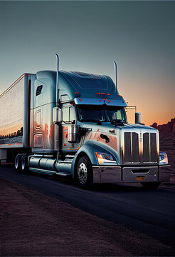 marketing photograph of big truck on a highway at sunrise, Ai Generative