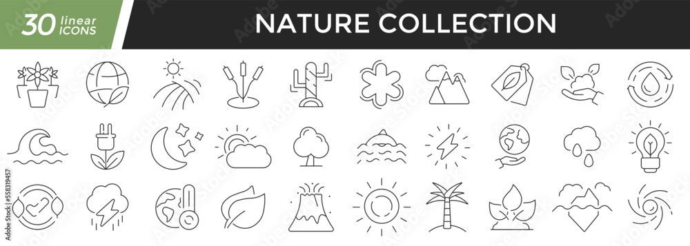 Aufkleber nature linear icons set. collection of 30 icons in black