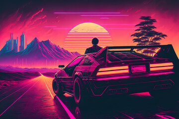Retro futuristic back side view 80s supercar on trendy synthwave, vaporwave, cyberpunk sunset background. Back to 80's concept.