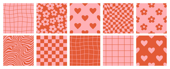 Fototapeta premium Groovy lovely backgrounds. Love concept. Happy Valentines day greeting card. Funky pattern and texture in trendy retro 60s 70s cartoon style. Vector seamless pattern in pink red colors.