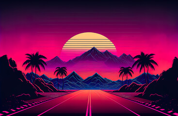 3d rendering, road from geometric lines between the mountains to the setting sun.Design in the style of the 80s. Futuristic synthesizer retro wave